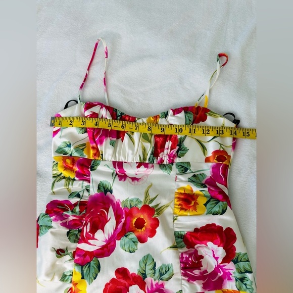 David Meister Satin Floral Spaghetti Strap Bodycon Rusched Mini Dress Size 2 - Picture 4 of 7